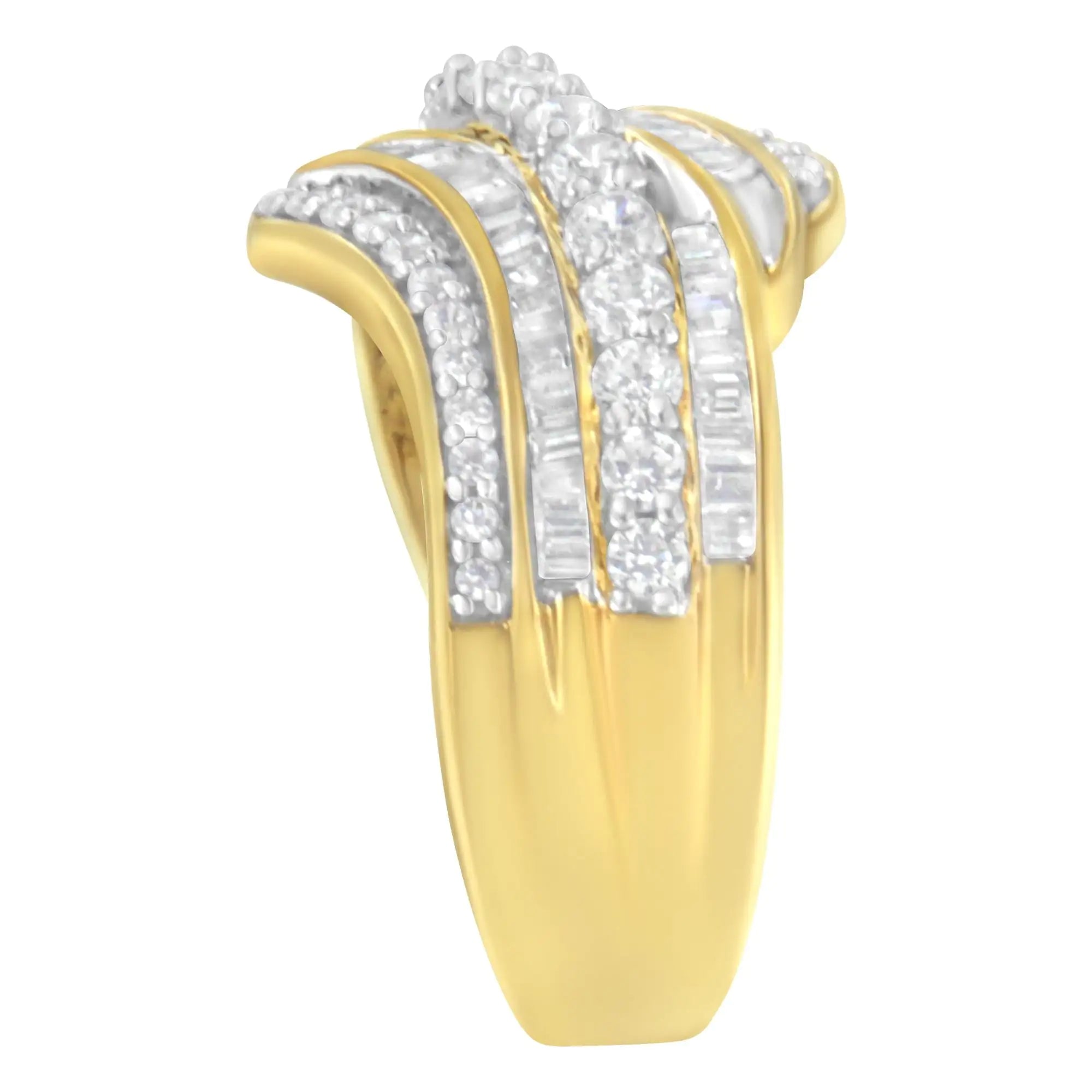 10K Yellow Gold 1.0 Cttw Baguette and Round Diamond Multi-Row Wave Bypass Ring (I-J Color, I1-I2 Clarity)