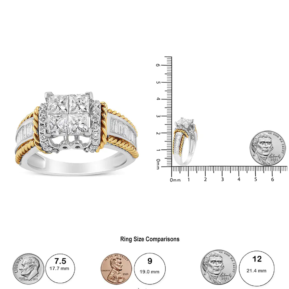 14K White and Yellow Gold 1 1/2 Cttw Invisible Set Princess-Cut Diamond Quad Style Engagement Ring (H-I Color, SI2-I1 Clarity)