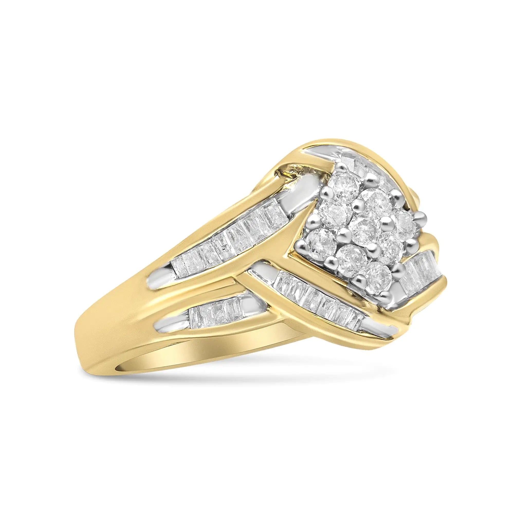 10K Yellow and White Gold 3/4 Cttw Diamond Cluster and Swirl Ring (H-I Color, I1-I2 Clarity)