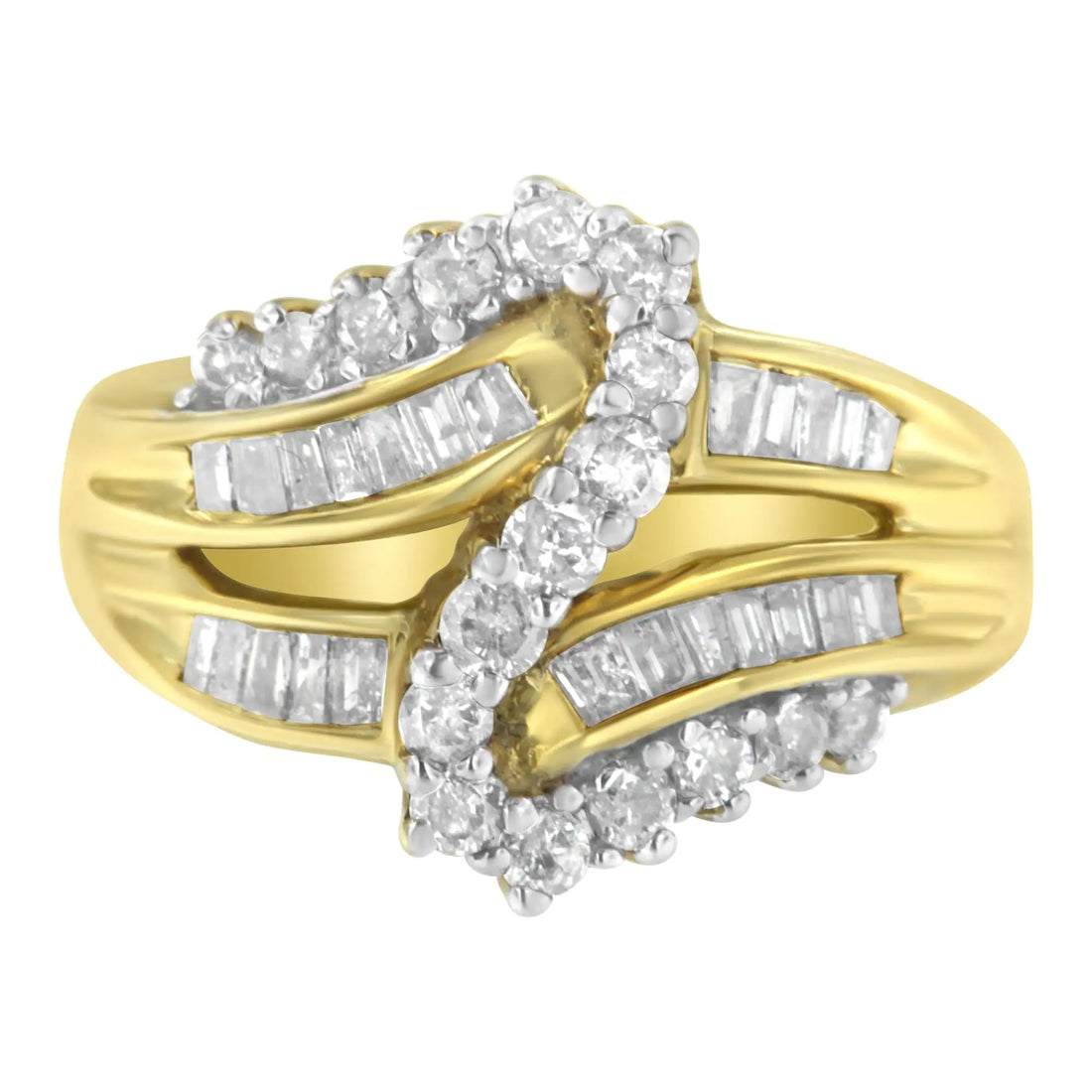 10K Yellow Gold Round and Baguette Cut Diamond Bypass Ring (1 Cttw, J-K Color, I2-I3 Clarity)