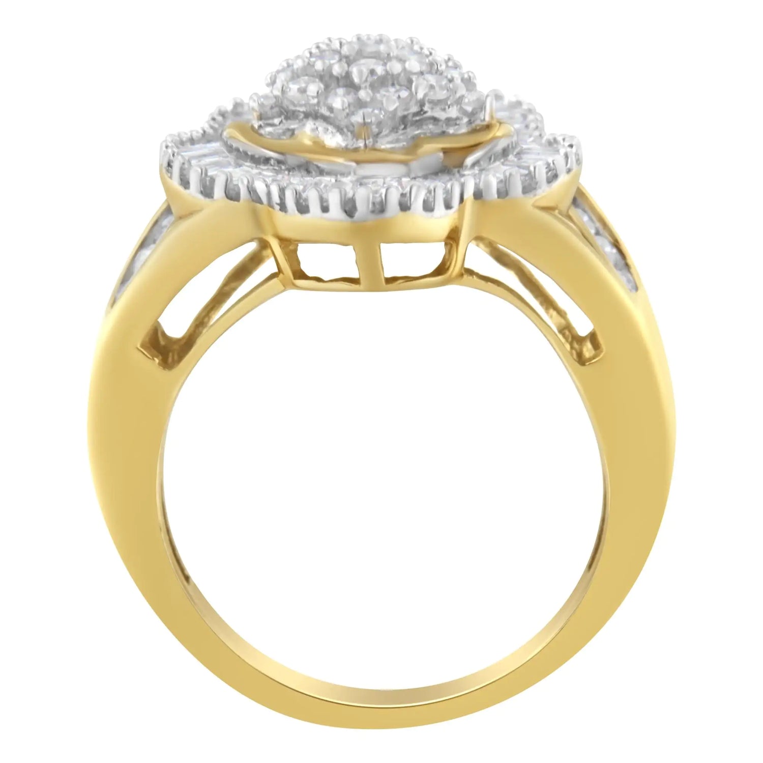 10KT Yellow Gold Round and Baguette Cut Diamond Ballerina Ring (1 cttw, I-J Color, SI1-SI2 Clarity)