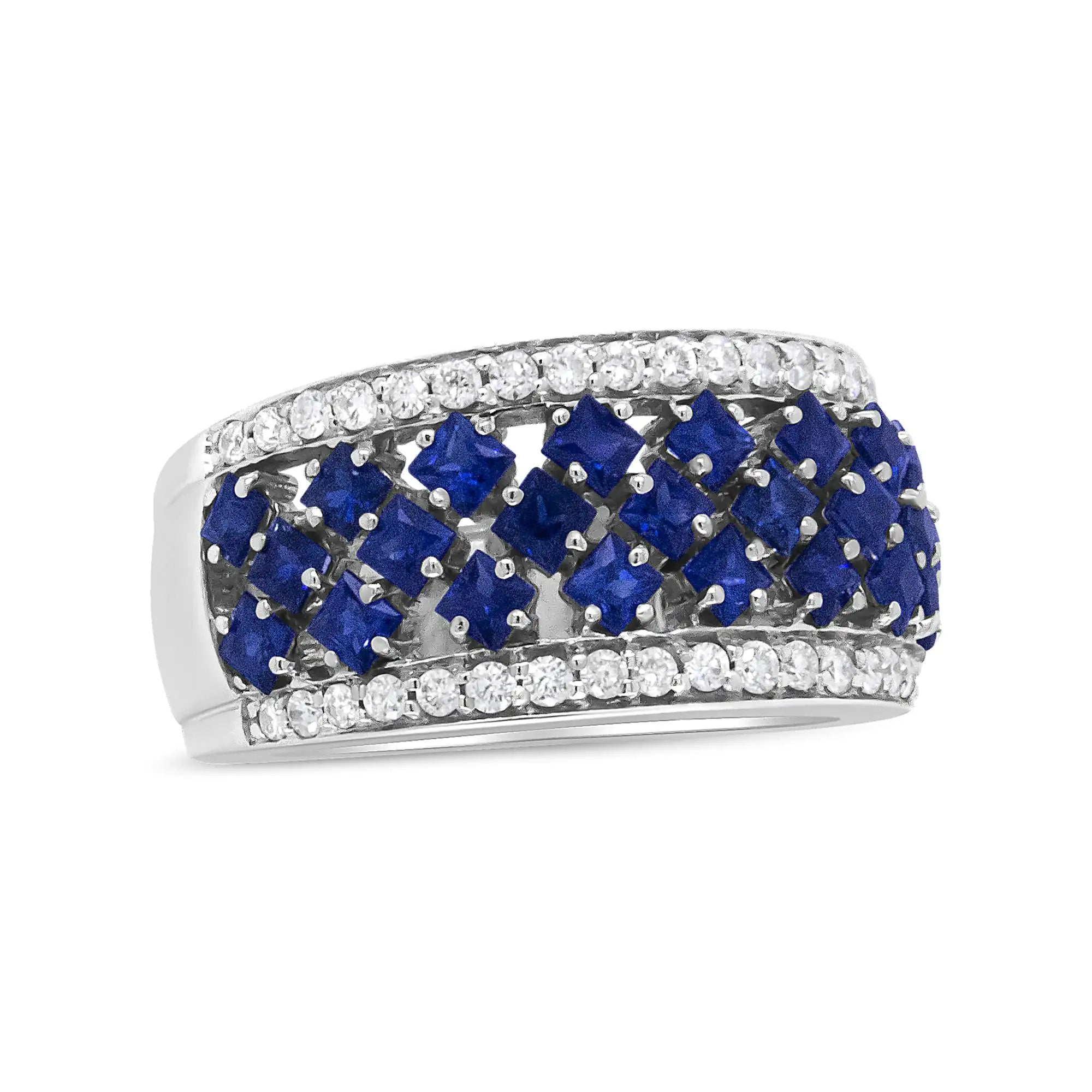 18K White Gold 3/8 Cttw Diamond and 2x2mm Princess Cut Blue Sapphire Fashion Band Ring (F-G Color, VS1-VS2 Clarity)