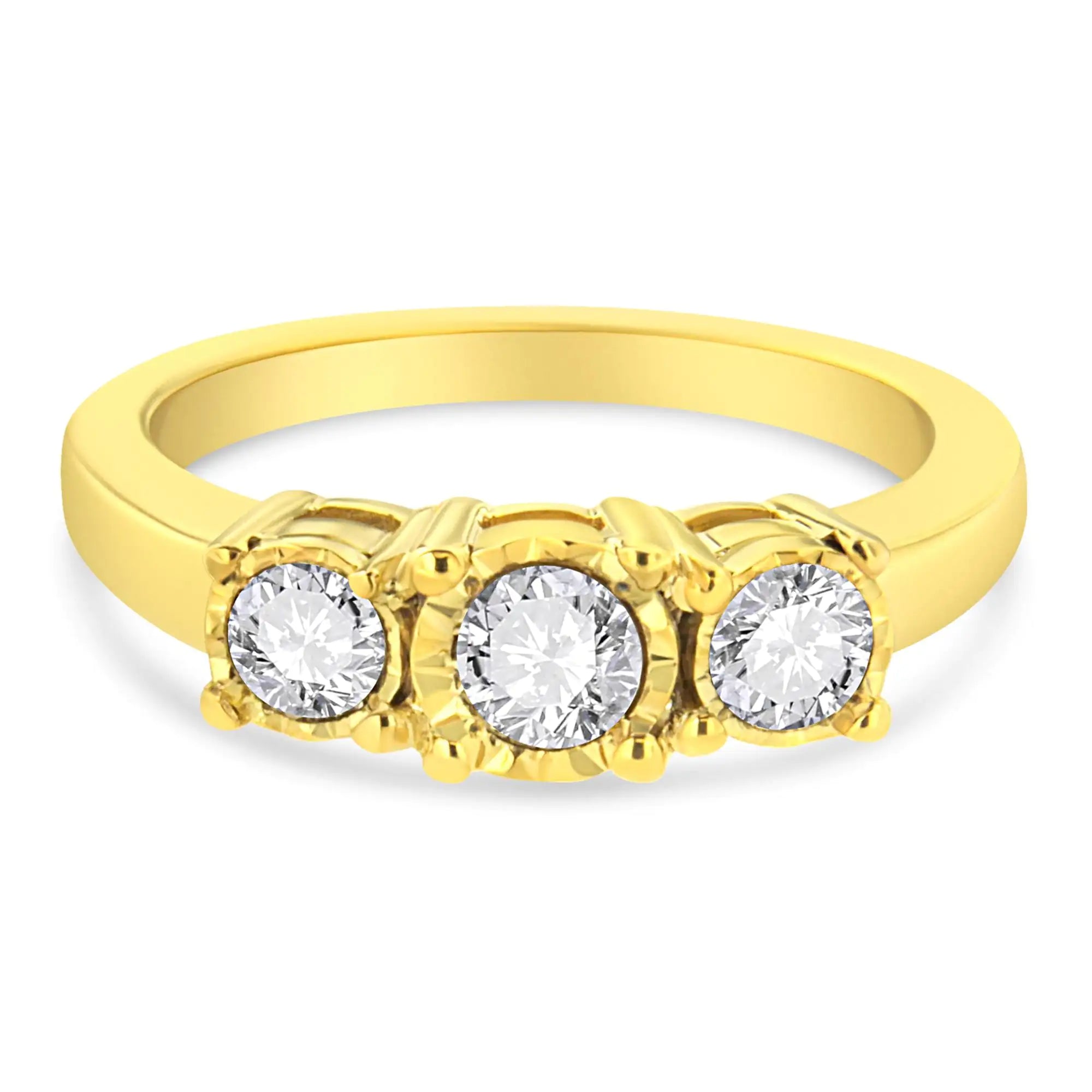 14K Yellow Gold Plated .925 Sterling Silver 3/4 Cttw Diamond Three Stone Illusion Plate Ring (J-K color, I1-I2 clarity)