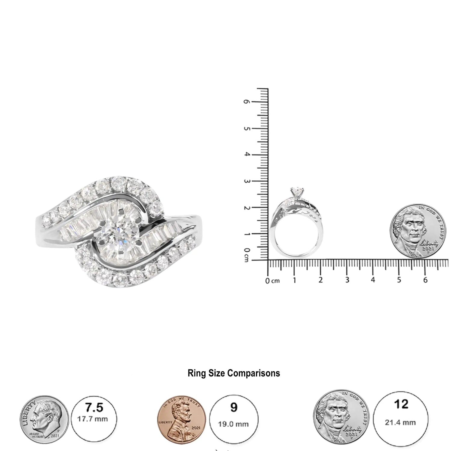 14K White Gold 1.00 Cttw Round and Baguette cut Diamond Swirl Cocktail Ring (H-I Color, SI2-I1 Clarity)