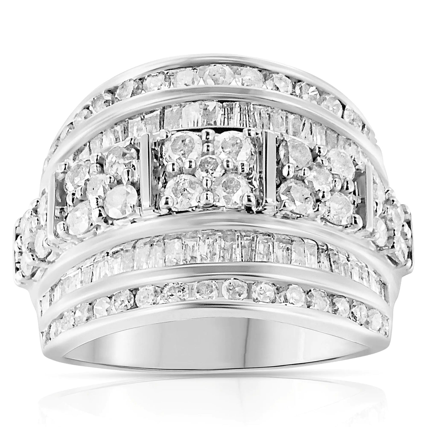 .925 Sterling Silver 2.0 Cttw Round &amp; Baguette Cut Diamond Multi-Row Channel Set Tapered Cocktail Fashion Ring (I-J Color, I3 Clarity)