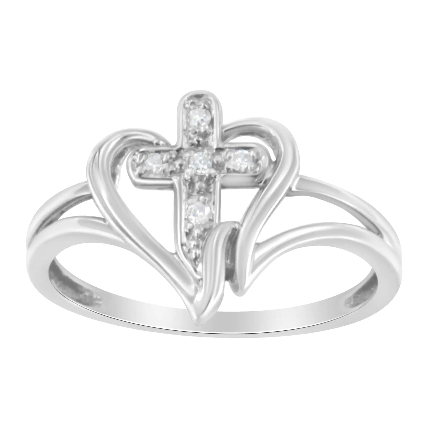 10K White Gold Diamond-Accented Cross &amp; Open Heart Promise Fashion Ring (H-I Color, I1-I2 Clarity)