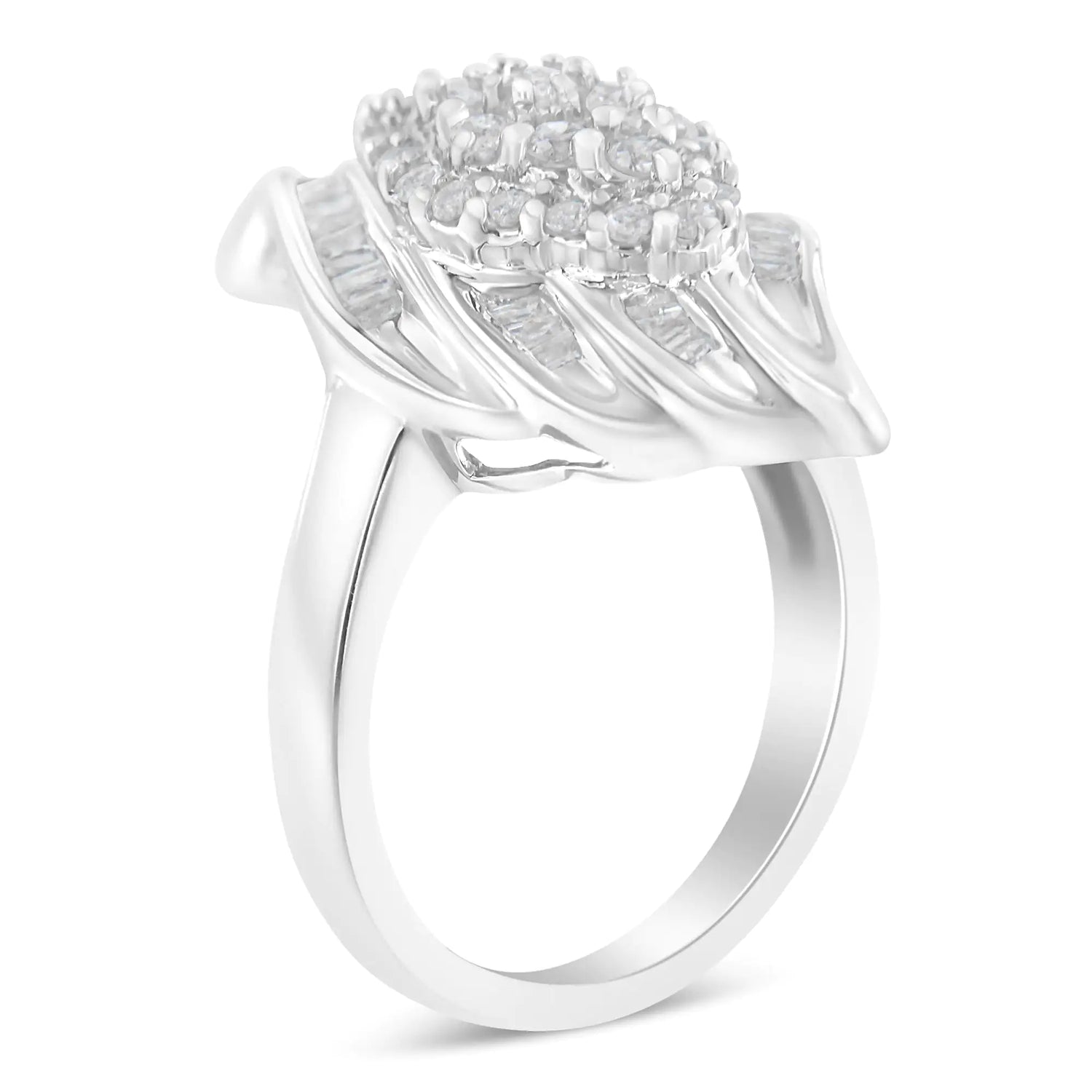 .925 Sterling Silver ¾ Cttw Round and Baguette Cut Diamond Stair-Stepped Cluster Waterfall Cocktail Ring (I-J Color, I2-I3 Clarity)