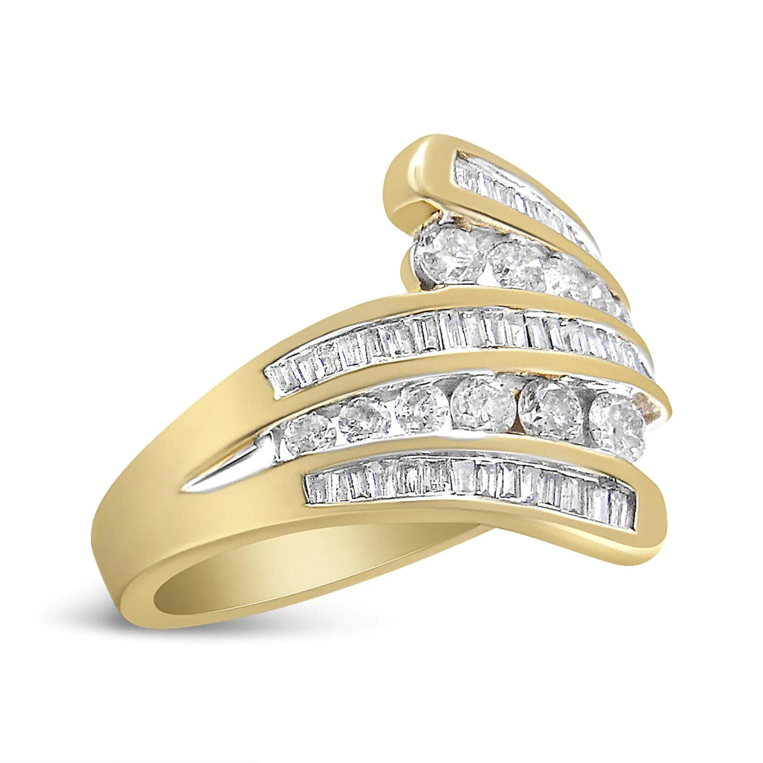 10K Yellow Gold 1 Cttw Round and Baguette-Cut Diamond Multi Row Bypass Ring Band (H-I Color, I1-I2 Clarity)