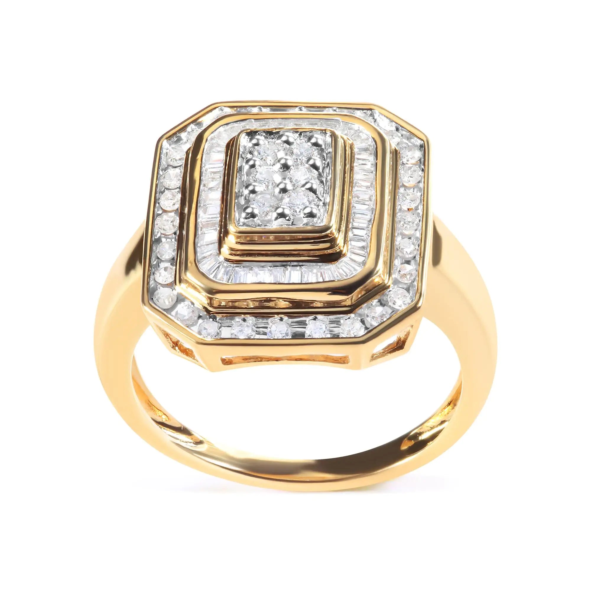 10K Yellow Gold Plated .925 Sterling Silver 1/2 Cttw Round &amp; Baguette Diamond Ring (I-J Color, I2-I3 Clarity)