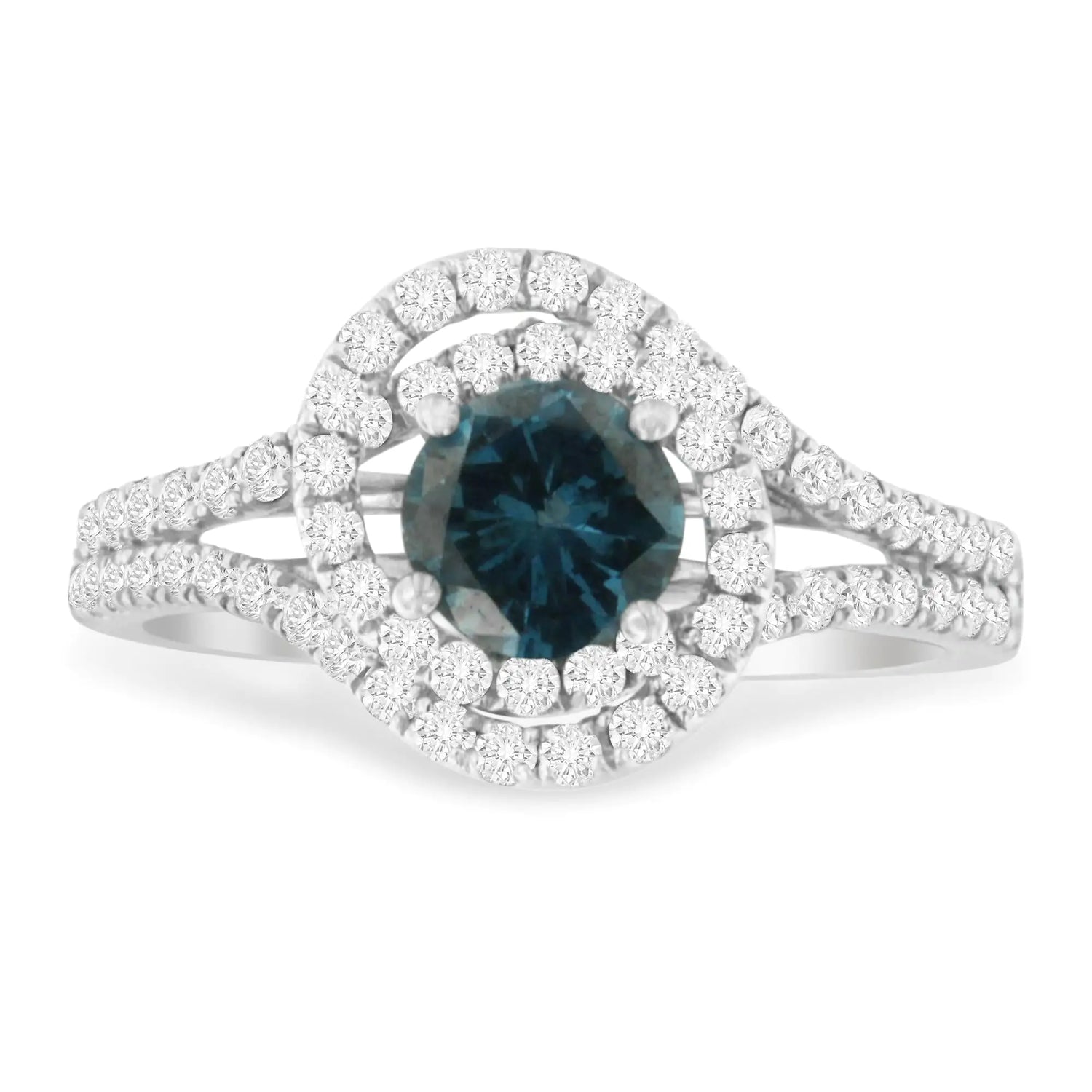 14K White Gold 1-1/3 Cttw White &amp; Blue Diamond Interweaving Double Halo Cocktail Statement Ring (G-H and Fancy Blue Color, SI2-I1 Clarity)