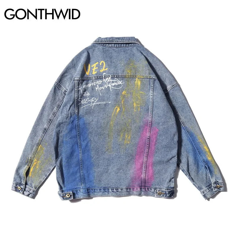 Rainbow Graffiti Fire Flame Print Denim Jacket