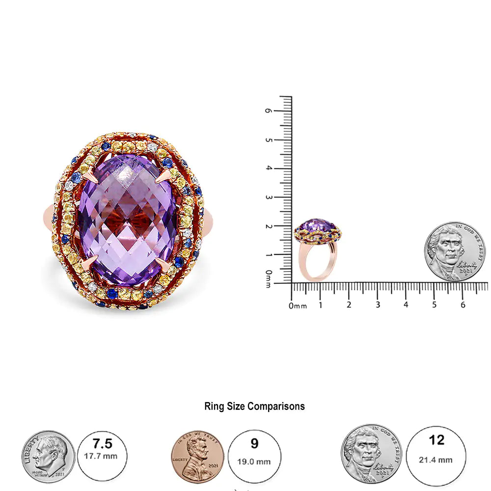 18K Yellow and Rose Gold Claw Prong Set Checkerboard Cut Purple Amethyst, Blue &amp; Yellow Sapphire, Diamond Accent Cocktail Ring Band (F-G Color, VS1-VS2 Clarity)