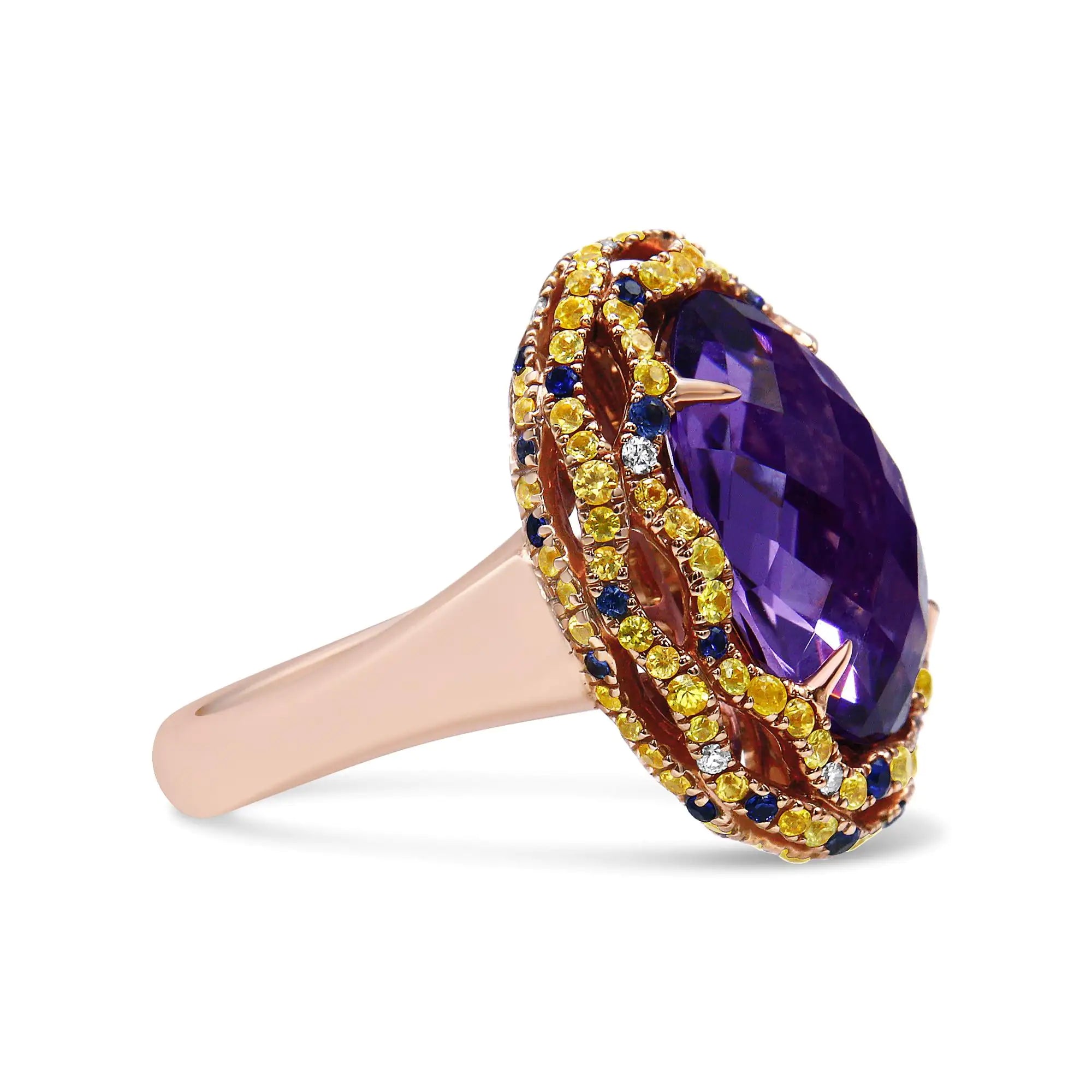 18K Yellow and Rose Gold Claw Prong Set Checkerboard Cut Purple Amethyst, Blue &amp; Yellow Sapphire, Diamond Accent Cocktail Ring Band (F-G Color, VS1-VS2 Clarity)