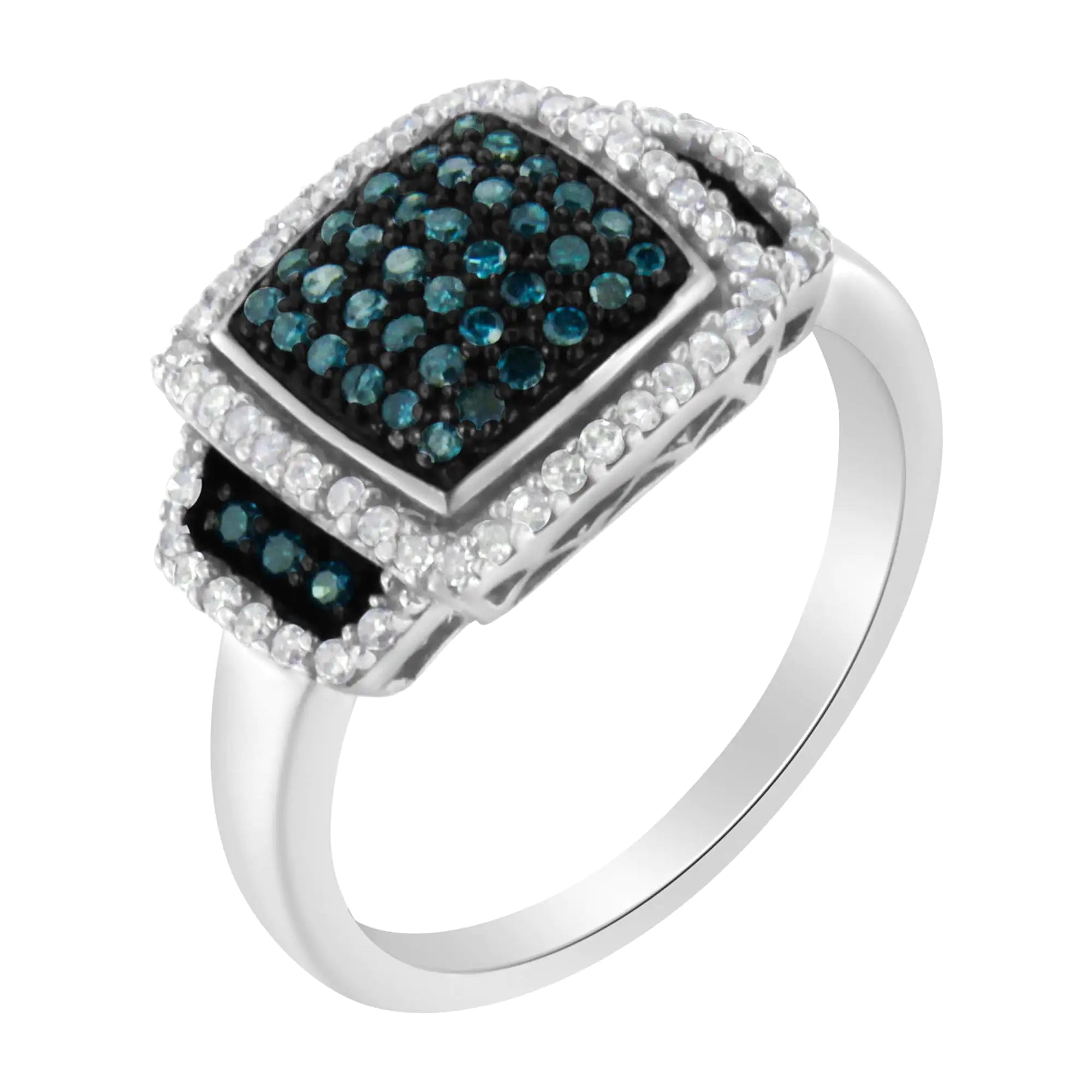 Black Rhodium Plated .925 Sterling Silver 1/2 Cttw White &amp; Blue Diamond Square Halo Cocktail Ring (Fancy Blue &amp; H-I Color, I2-I3 Clarity)