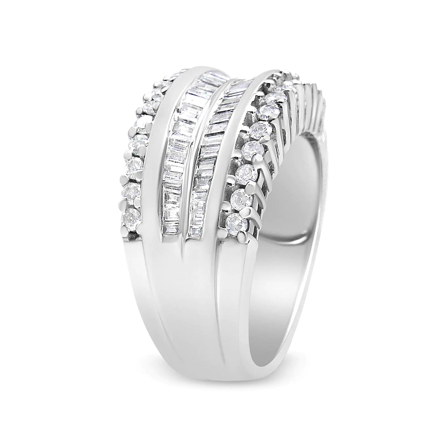 14K White Gold 1.00 Cttw Round and Baguette-Cut Diamond Modern Band Ring (H-I Color, SI2-I1 Clarity)