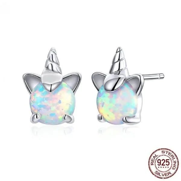 925 Sterling Silver Unicorn Opal Stud Earrings