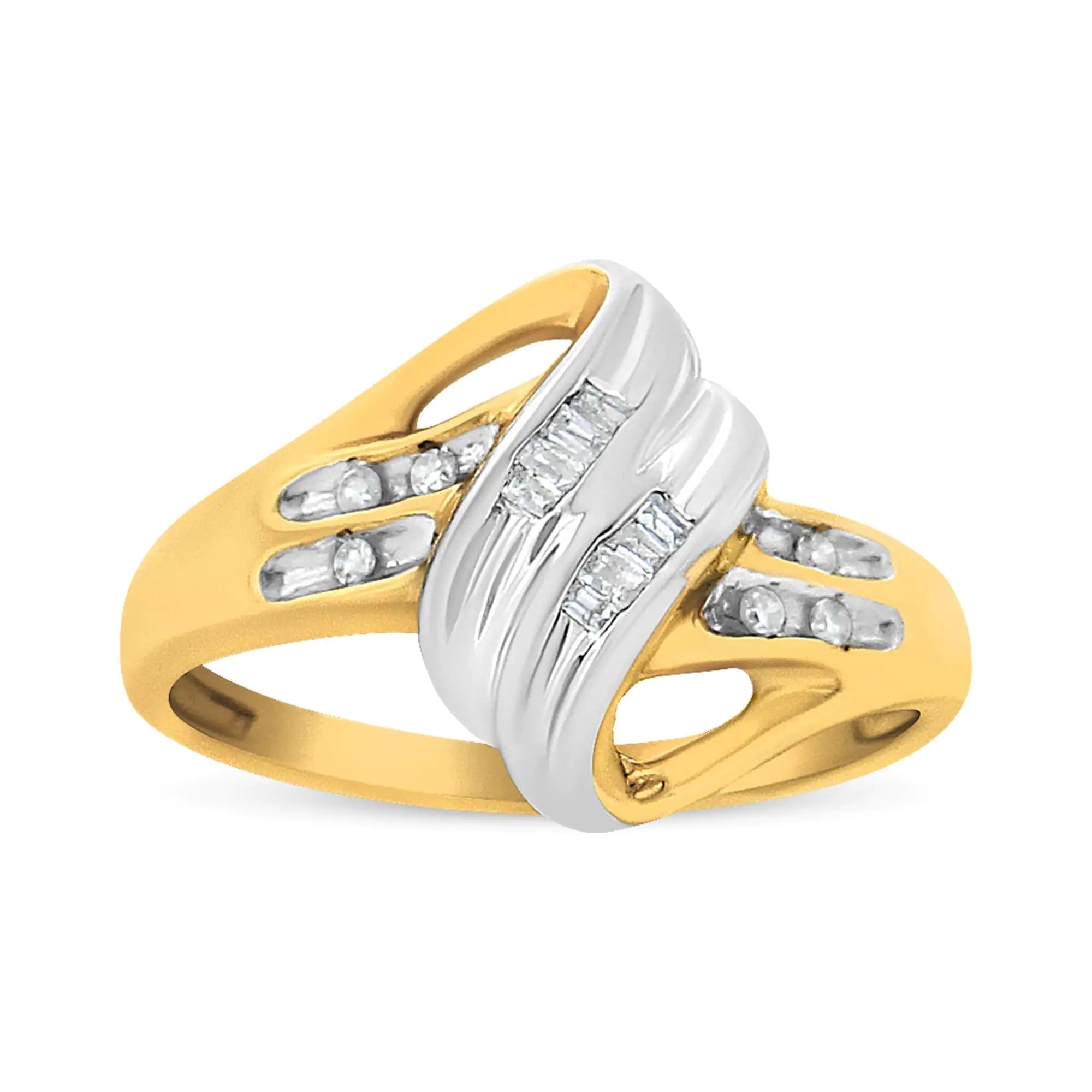 10K Yellow and White Gold 1.00 Cttw Round And Baguette-Cut Diamond Accent Bypass Ring (H-I Color, I2-I3 Clarity)