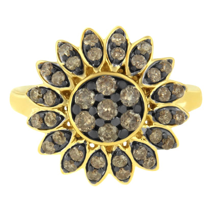 10K Yellow Gold Plated .925 Sterling Silver 1 cttw Prong Set Round-Cut Diamond Floral Cocktail Ring (I1-I2 Clarity, J-K Color)