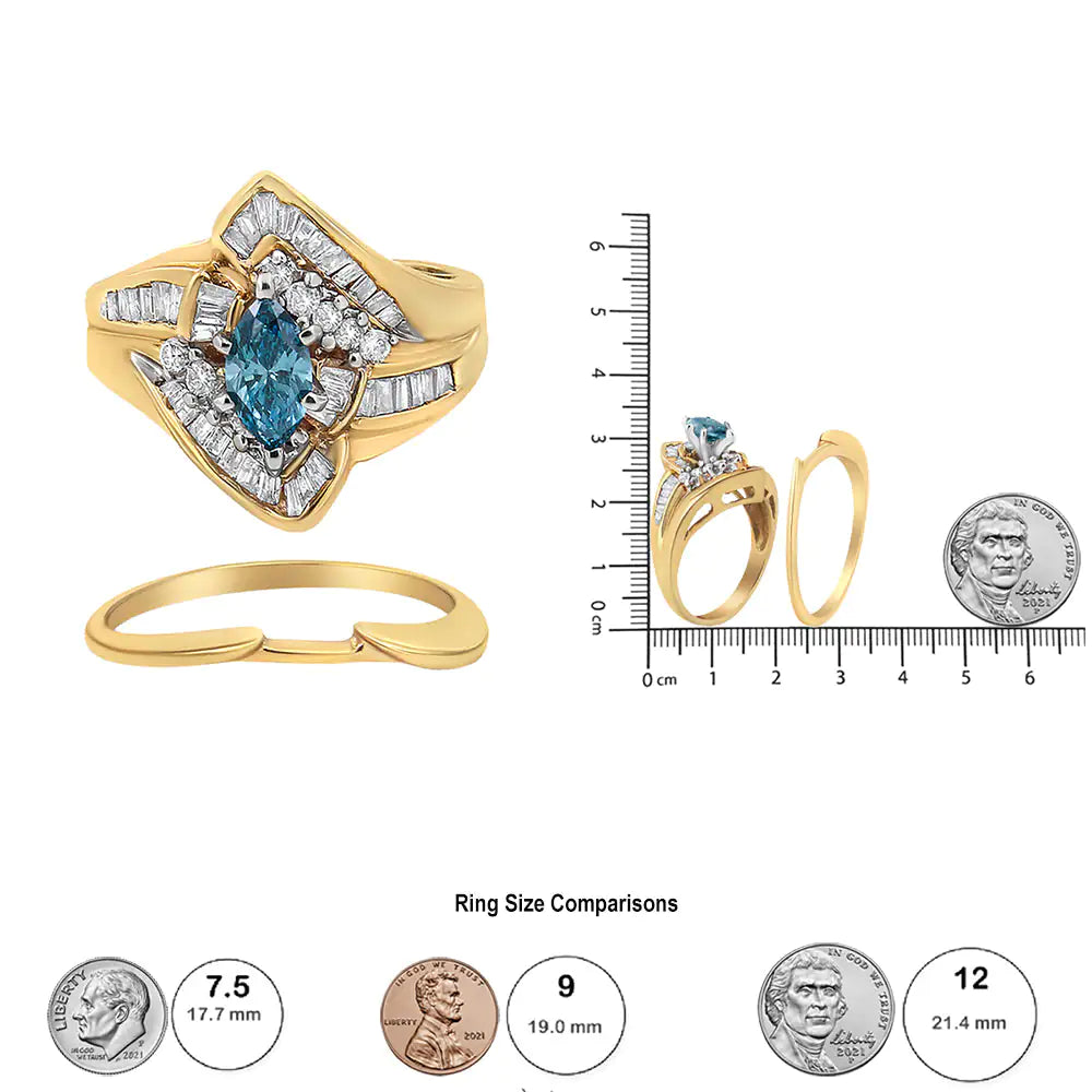 14K Yellow and White Gold 1 1/4 Cttw Treated Blue Diamond Cocktail Ring Set (H-I Color, SI1-SI2 Clarity)