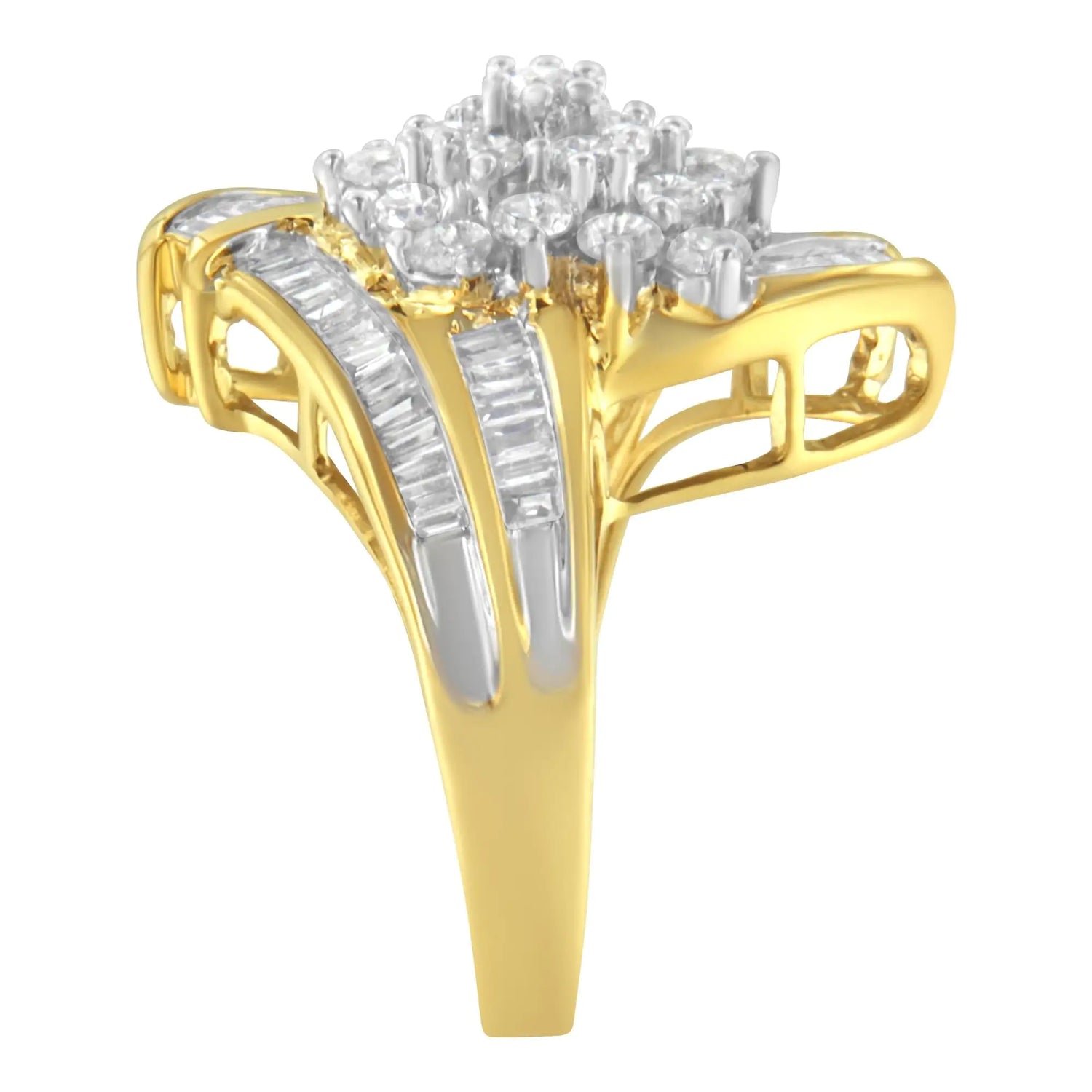 10K Yellow Gold Round and Baguette Diamond Swirl Ring (2.0 Cttw, J-K Color, I2 Clarity)