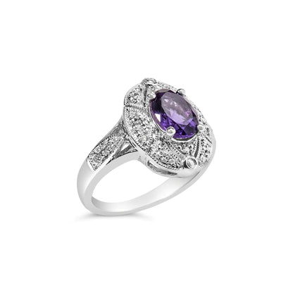 .925 Sterling Silver 9x7mm Oval Purple Amethyst and Round Diamond Accent Fashion Cocktail Ring (I-J Color, I1-I2 Clarity)