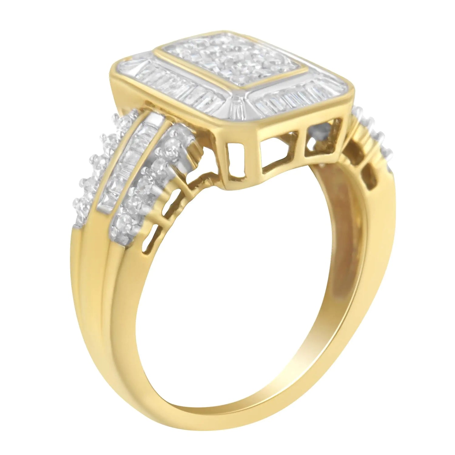 10K Yellow Gold Round and Baguette-Cut Diamond Cluster Ring (1.0 Cttw, I-J Color, SI1-SI2 Clarity)