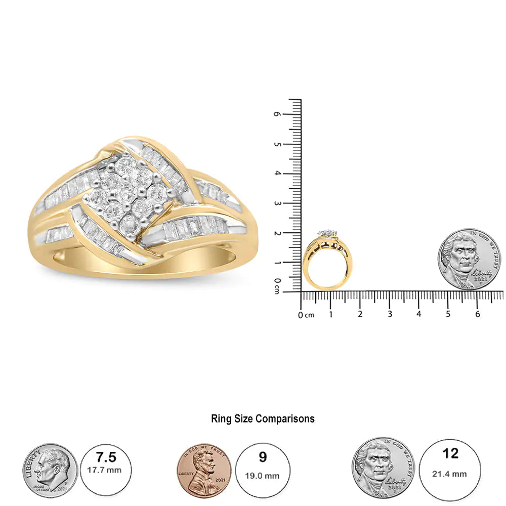 10K Yellow and White Gold 3/4 Cttw Diamond Cluster and Swirl Ring (H-I Color, I1-I2 Clarity)