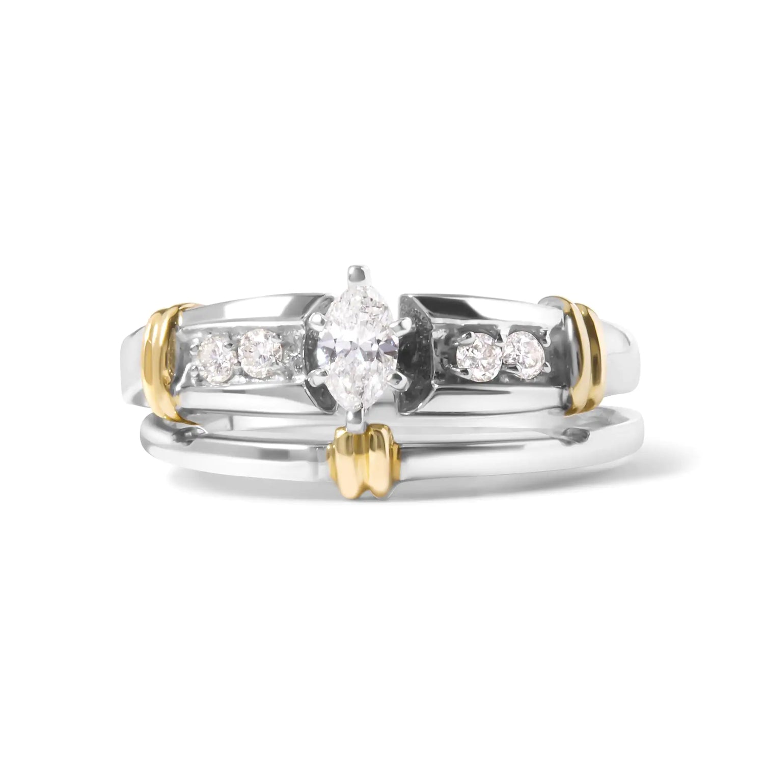 14K Yellow and White Gold 1/3 Cttw Marquise Diamond Cocktail Engagement Ring Set (H-I Color, SI1-SI2 Clarity)