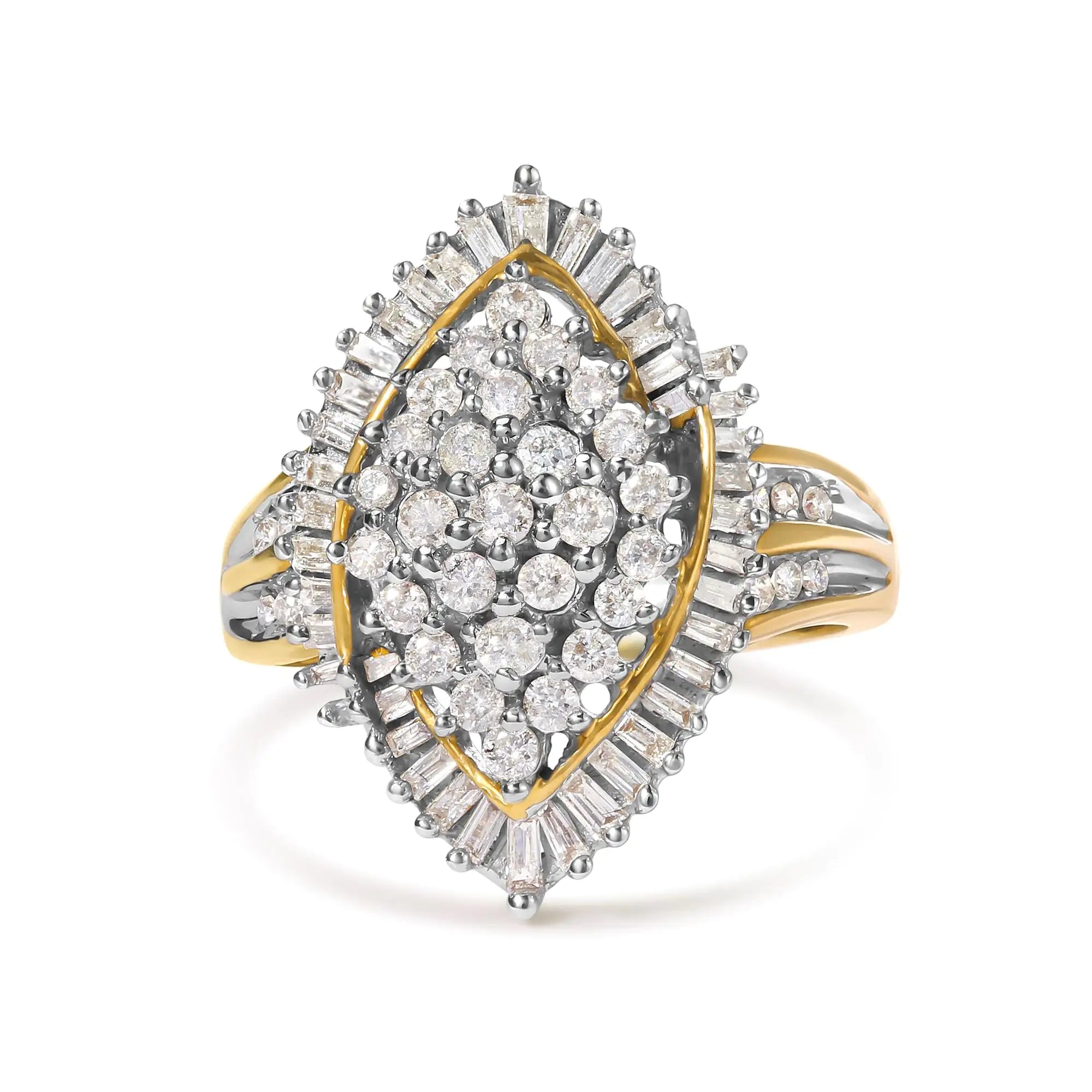 10K Yellow Gold 1.0 Cttw Round and Baguette-Cut Diamond Cluster Ring (I-J Color, SI2-I1 Clarity)