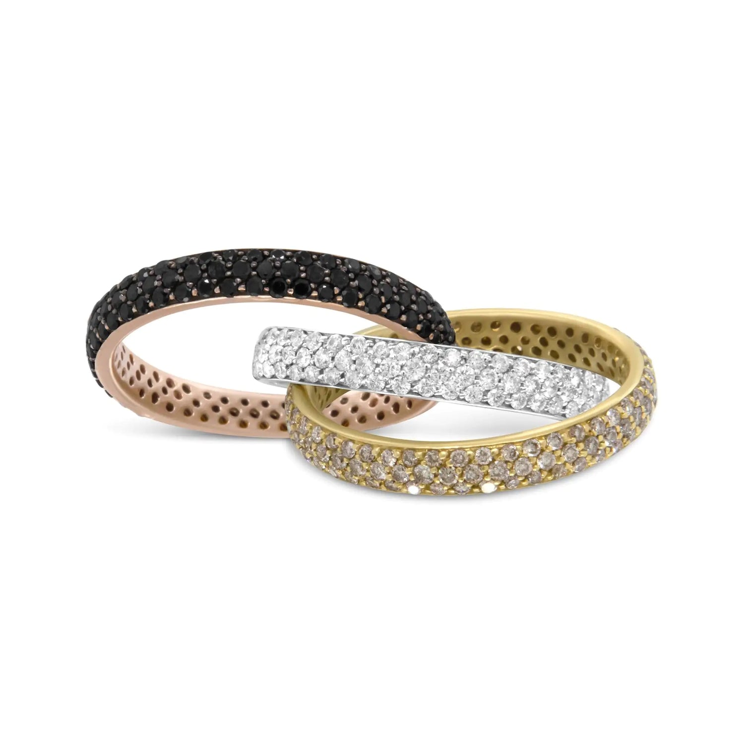 18K Tri-Color Gold 3 5/8 Cttw Diamond Interlocking Stackable Band Ring Set (Champagne, Black, and F-G Color, VS1-VS2 Clarity)