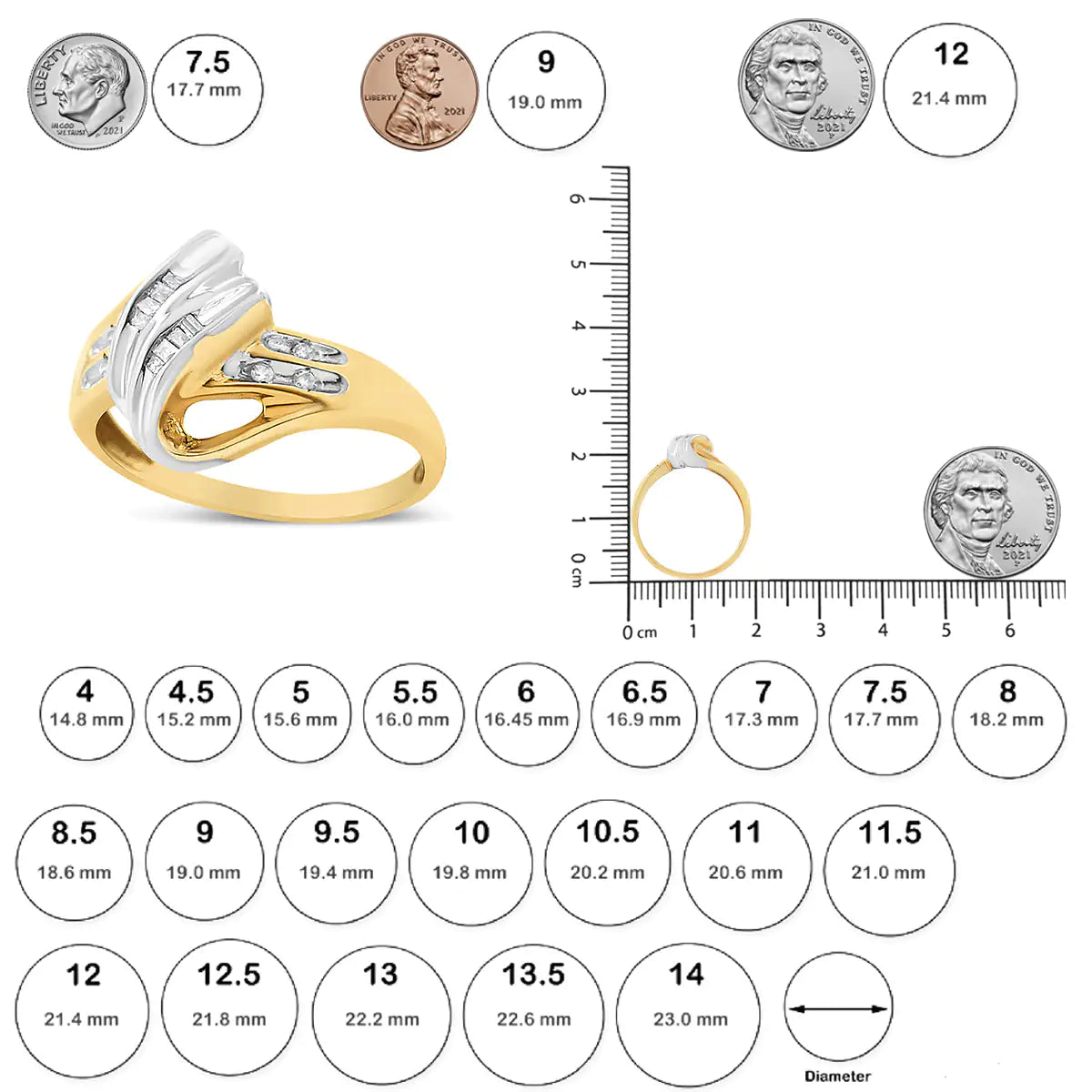 10K Yellow and White Gold 1.00 Cttw Round And Baguette-Cut Diamond Accent Bypass Ring (H-I Color, I2-I3 Clarity)