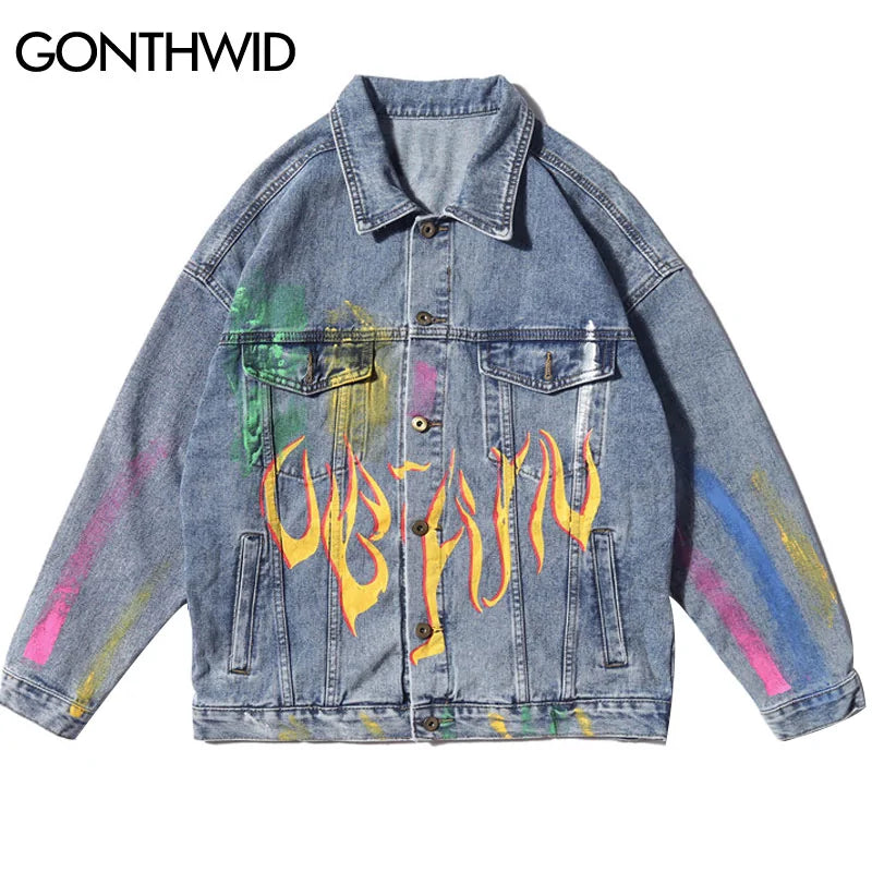 Rainbow Graffiti Fire Flame Print Denim Jacket