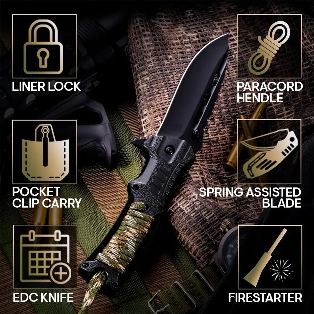 Tactical Folding Knife with Paracord, Whistle &amp; Fire starter