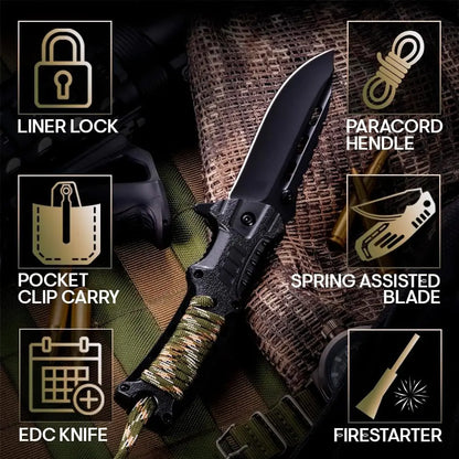 Tactical Folding Knife with Paracord, Whistle &amp; Fire starter