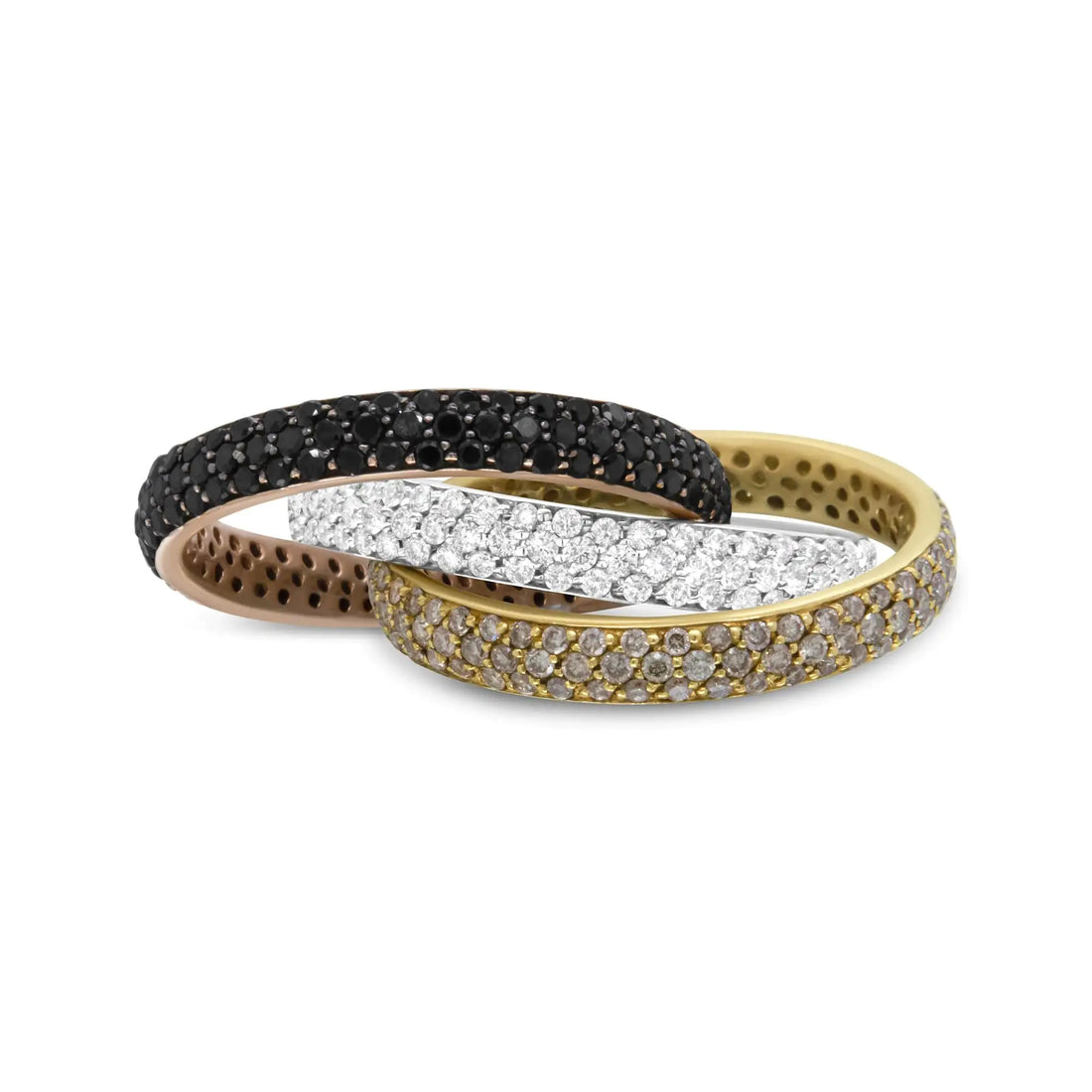 18K Tri-Color Gold 3 5/8 Cttw Diamond Interlocking Stackable Band Ring Set (Champagne, Black, and F-G Color, VS1-VS2 Clarity)