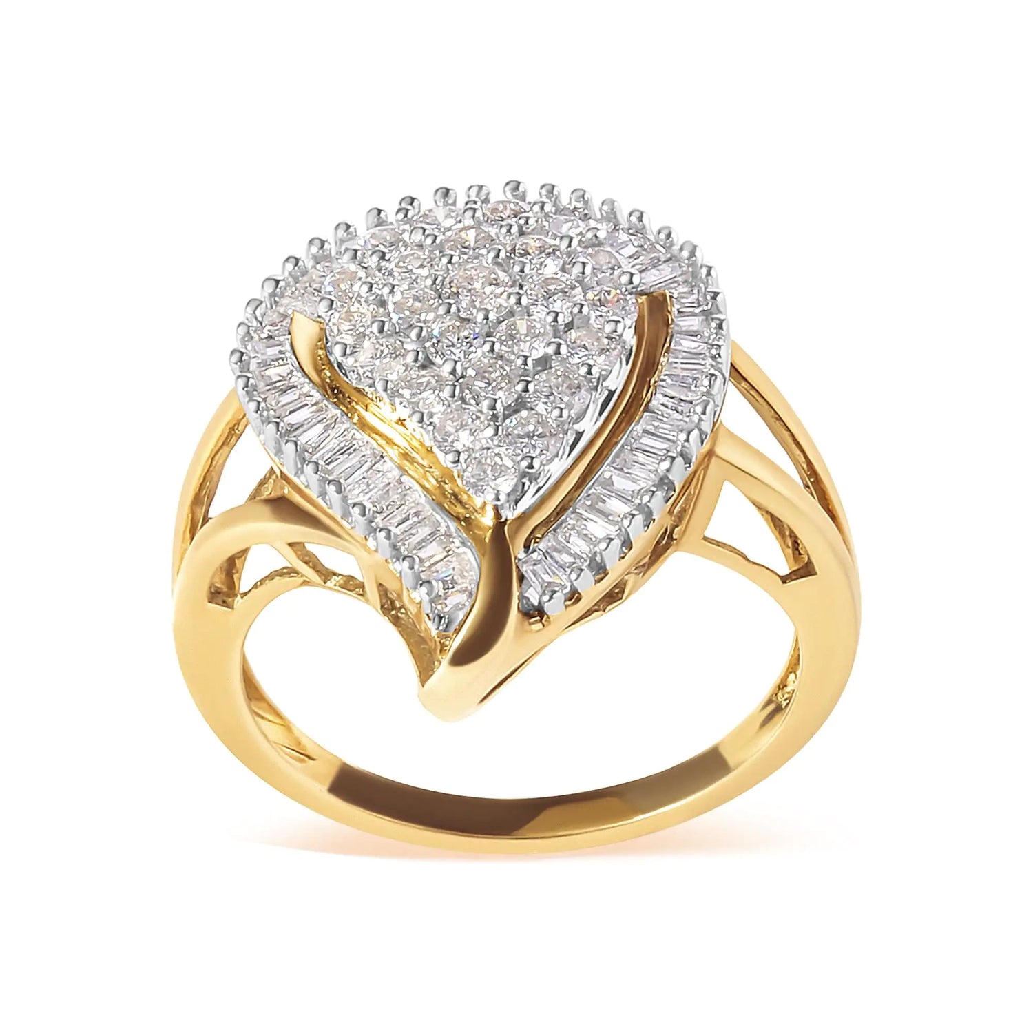 10K Yellow Gold 1 Cttw Round and Baguette Cut Diamond Ballerina Cluster Ring (H-I Color, SI2-I1 Clarity)