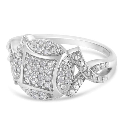 .925 Sterling Silver 1/3 Cttw Diamond Square-in-Circle Composite Cluster Ribbon Shank Fashion or Cocktail Ring (I-J Color, I3 Clarity)