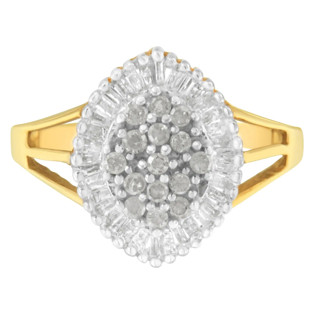 10K Yellow Gold 1/2 Cttw Baguette &amp; Round Diamond Marquise-Shaped Cluster Halo Ring (I-J Color, I3 Clarity)