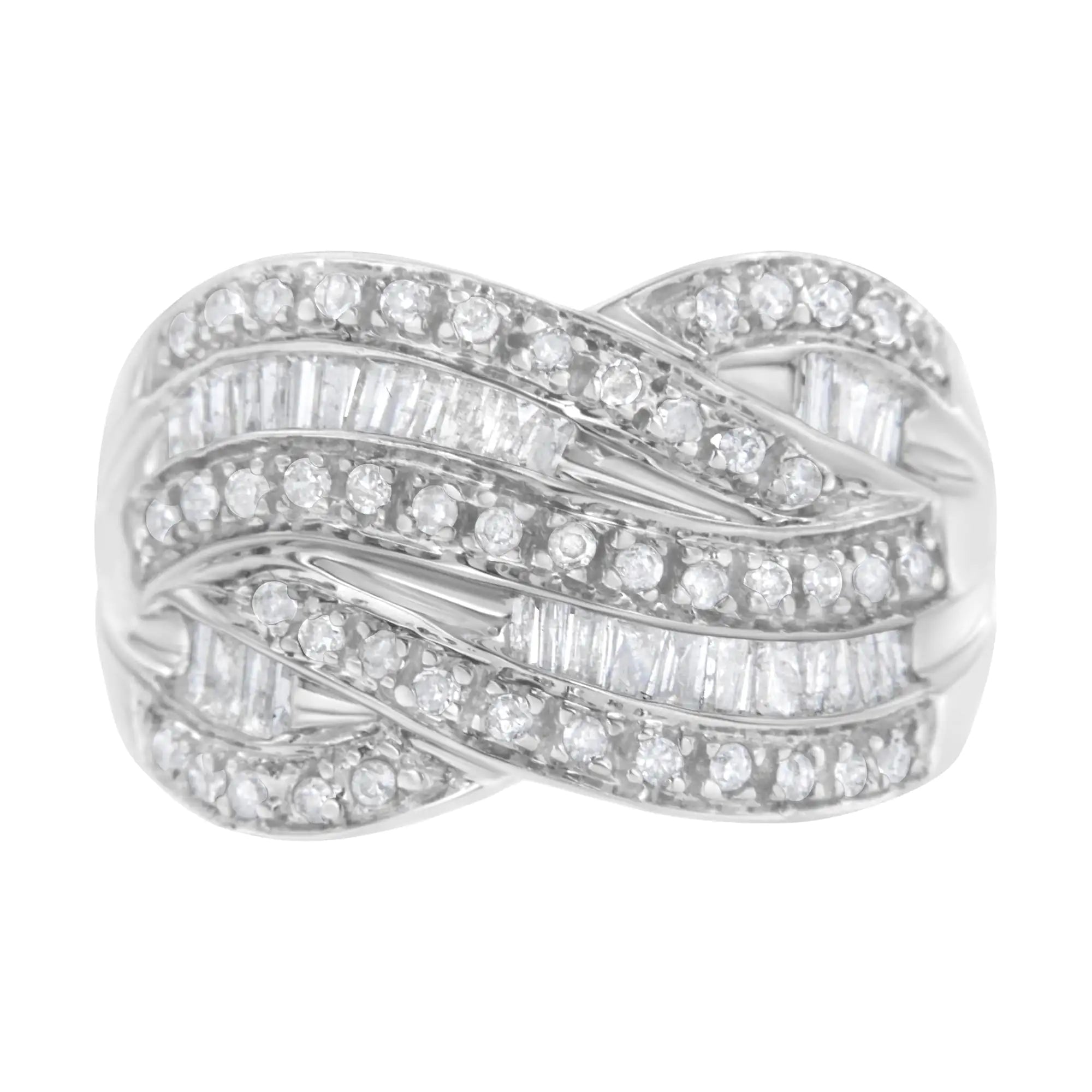 .925 Sterling Silver 1.0 Cttw Channel Set Alternating Round and Baguette Diamond Cross-over Bypass Ring Band (I-J Color, I2-I3 Clarity)