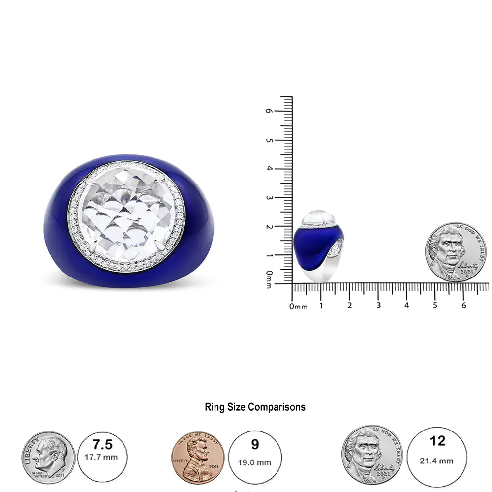 18K White Gold 14mm White Quartz and 1/5 Cttw Diamond Halo with Blue Enamel Dome Ring (F-G Color, VS1-VS2 Clarity)