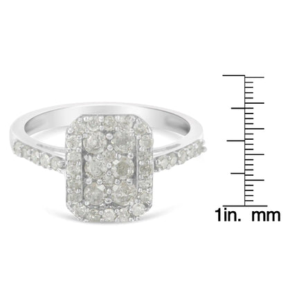 .925 Sterling Silver 1.0 Cttw Diamond Emerald-Shaped Cluster with Halo Cathedral Style Cocktail Ring (I-J Color, I3 Clarity)