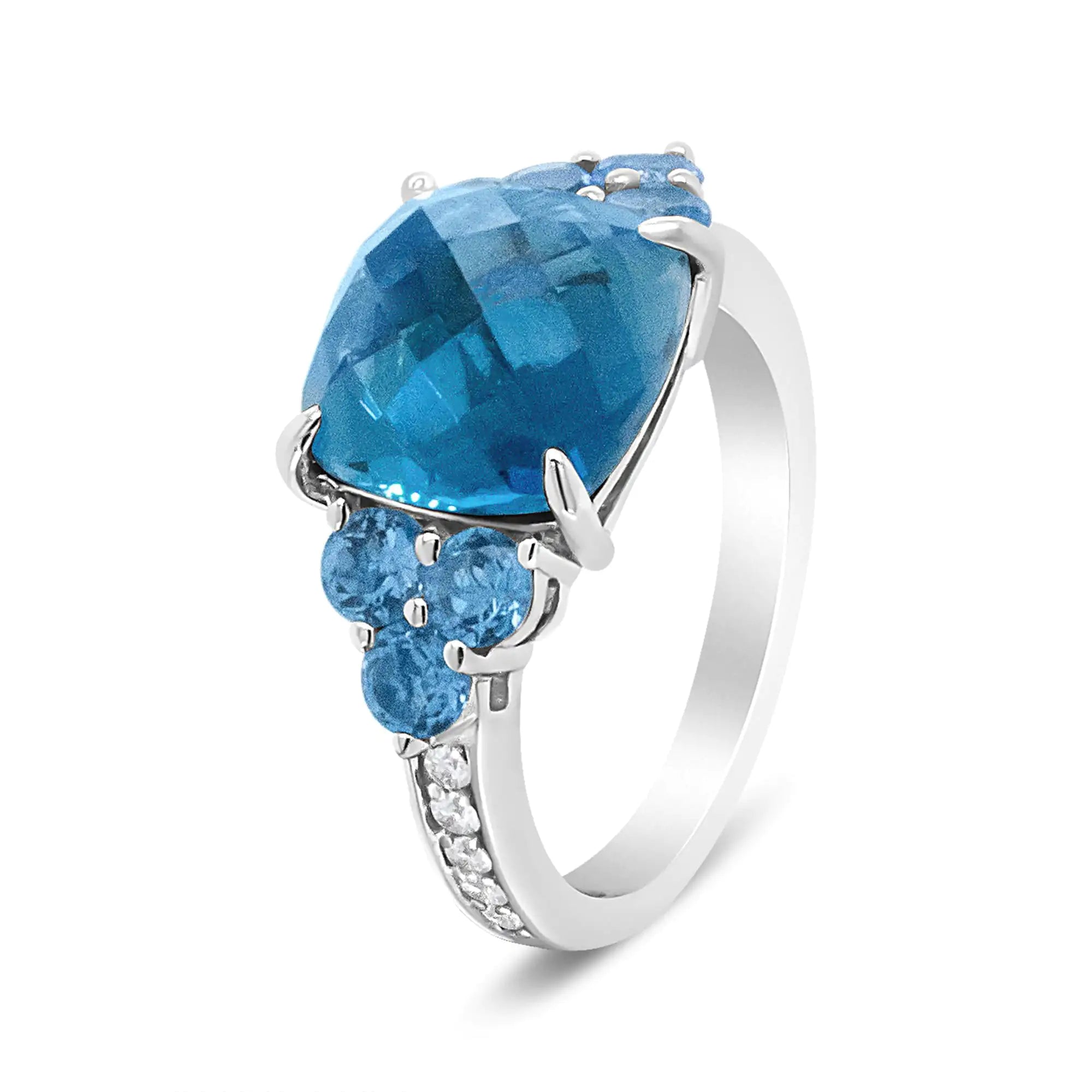 18K White Gold 10mm Cushion Shaped Blue Topaz and 1/6 Cttw Diamond 3 Stone Style Ring (F-G Color, VS1-VS2 Clarity)